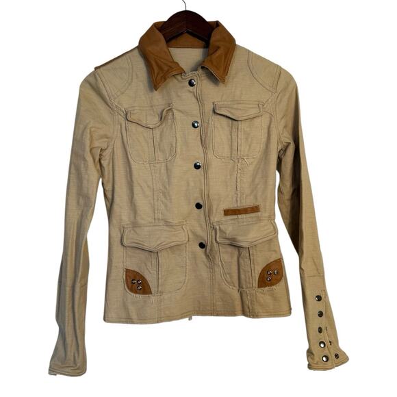 Jakett Jackets & Blazers - Jakett New York Khaki Utility Jacket Leather Trim Women’s XS Snap Button